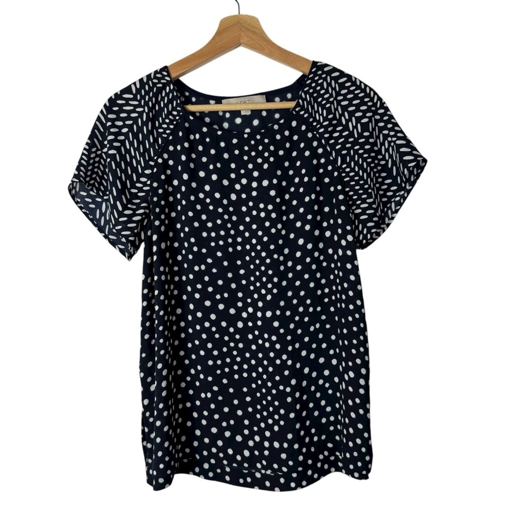 Ann Taylor LOFT Navy Blue & White Mixed‎ Polka Dot Short Sleeve Top S